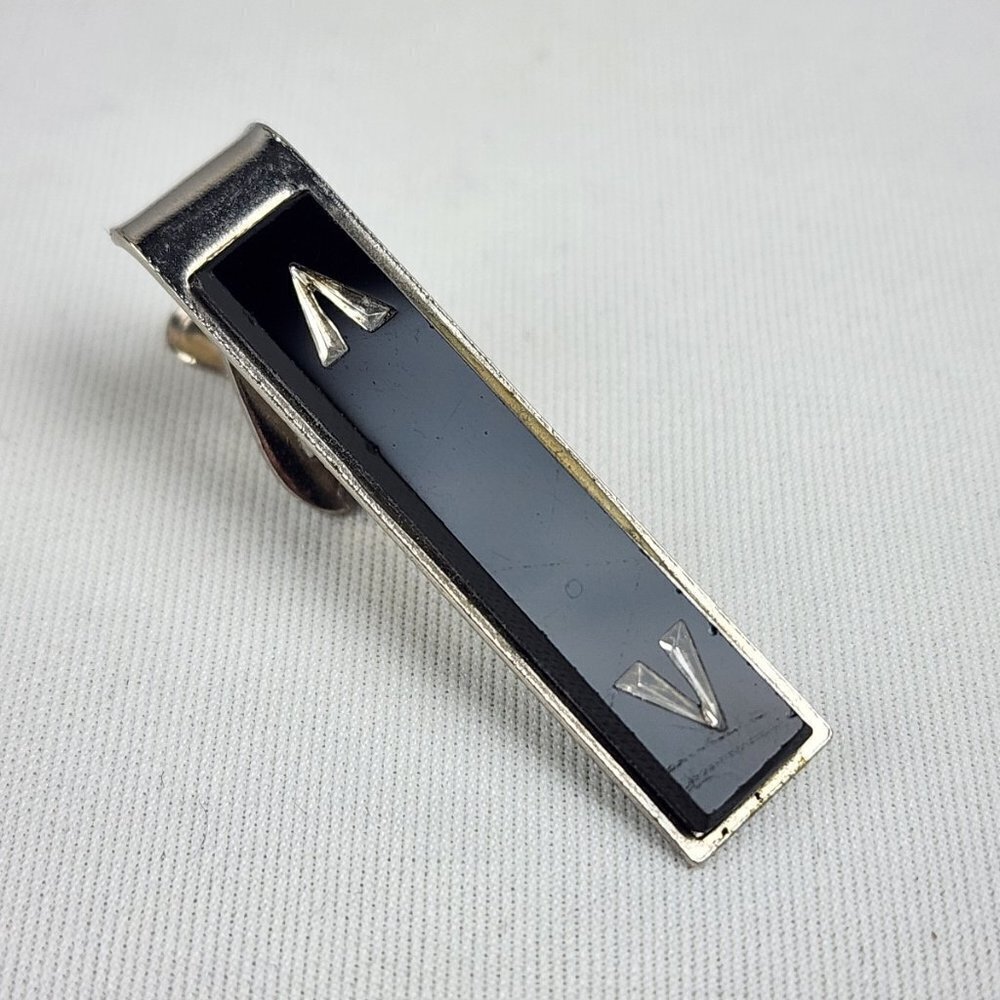 Vintage Silver Tone Black Enamel Tie Clip